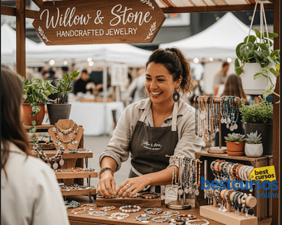 Mujer mostrando un diseño de bisutería con cristales