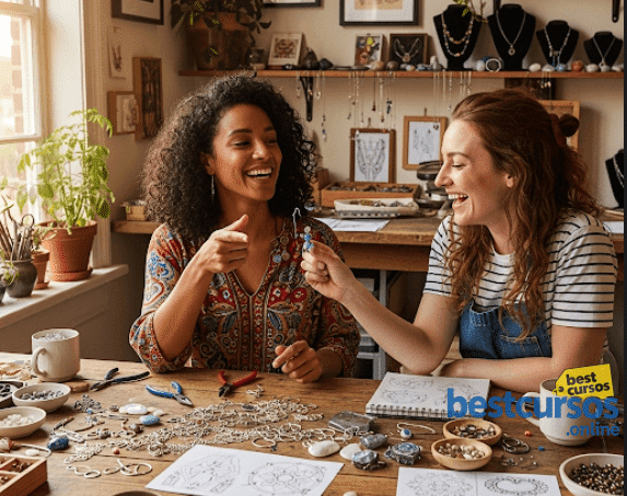 Mujer creando bisutería con resina y flores